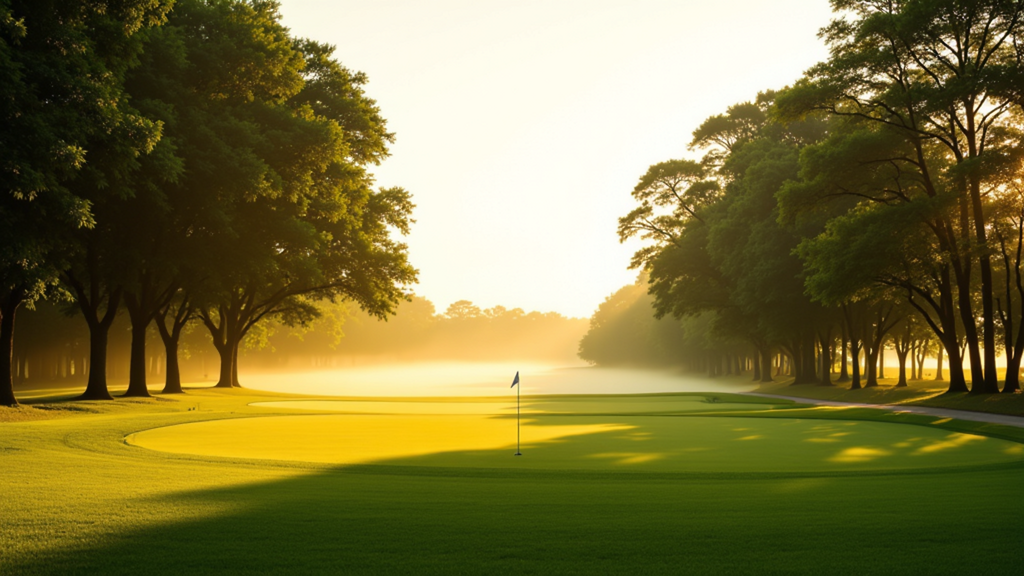 Augusta and Carolinas journey with Atlas Group Travel: a parkland-style golf course at first light with morning mist on the fairway, mature longleaf pines framing the green, and warm sidelight on dew.