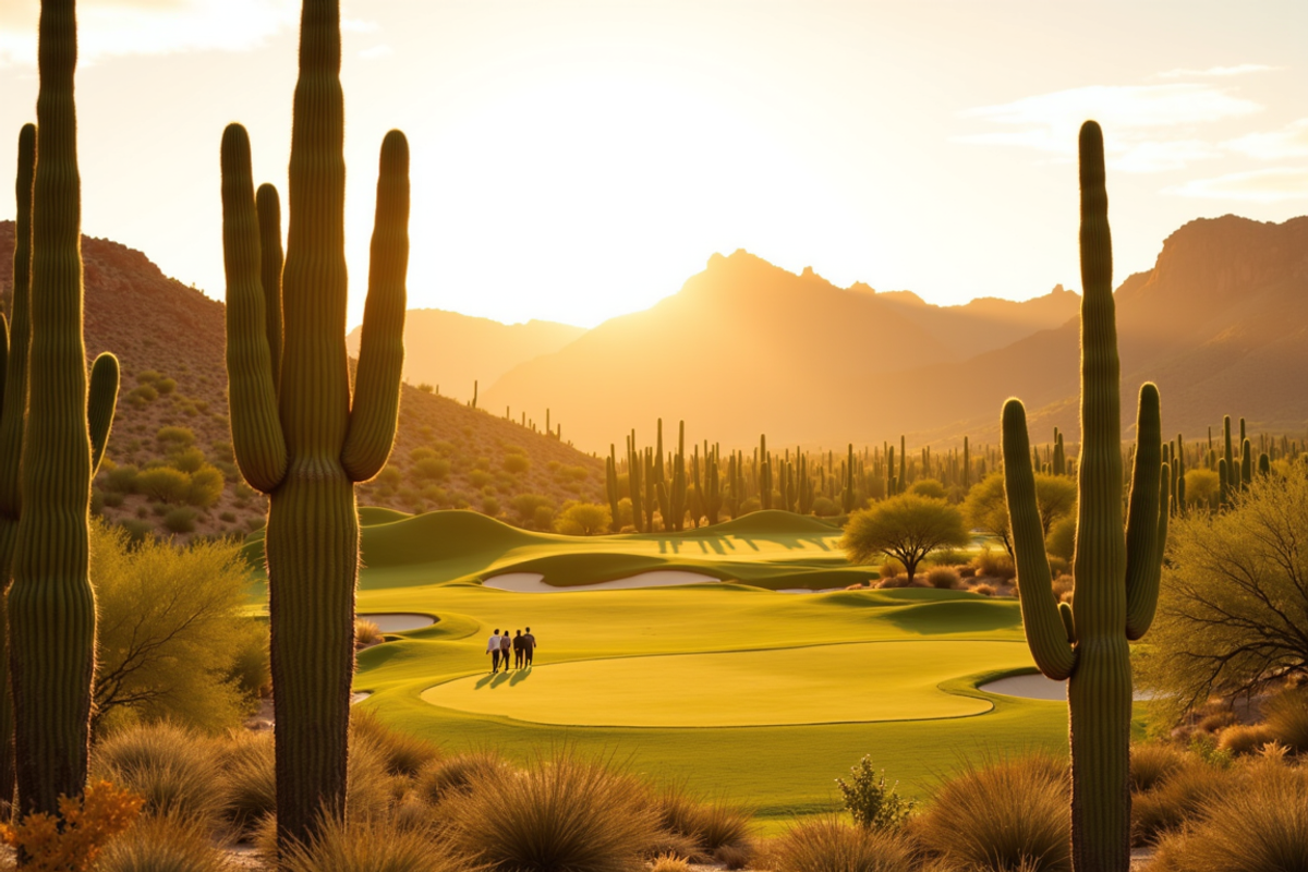 Scottsdale and Sonoran Desert golf journey with Atlas Group Travel: a Sonoran Desert fairway at first light with tall saguaro cactus framing the empty green, red mountain ridges in the distance, warm sidelight on the desert turf, a foursome at distance walking the cart path.
