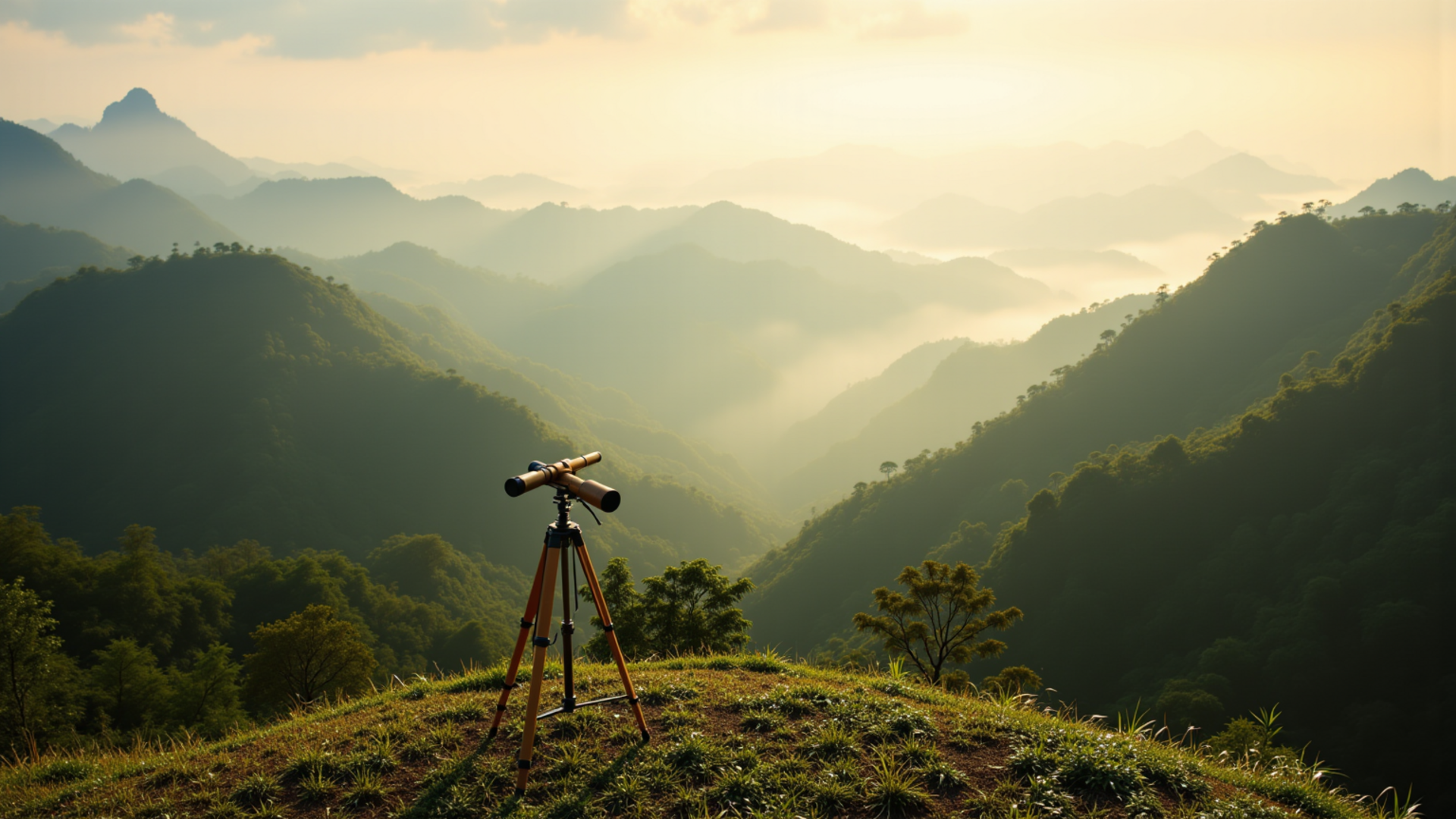 Luxury group birding expedition with Atlas Group Travel: a misty tropical cloud forest canopy at first light with a wooden tripod and brass spotting scope set up on a mossy ridge.