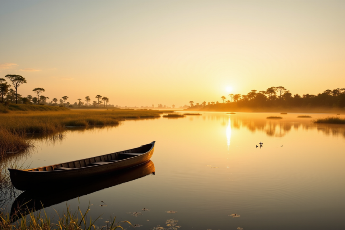 Pantanal and Atlantic Forest birding with Atlas Group Travel: a wide Brazilian wetland at golden hour with reflective channels, gallery forest along the riverbank, and warm sidelight on the floodplain grass.