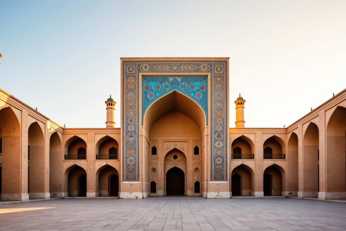 Luxury group journey Uzbekistan with Atlas Group Travel: the Registan square in Samarkand at golden hour with intricate turquoise and cobalt majolica tilework on the Timurid madrasa facade.