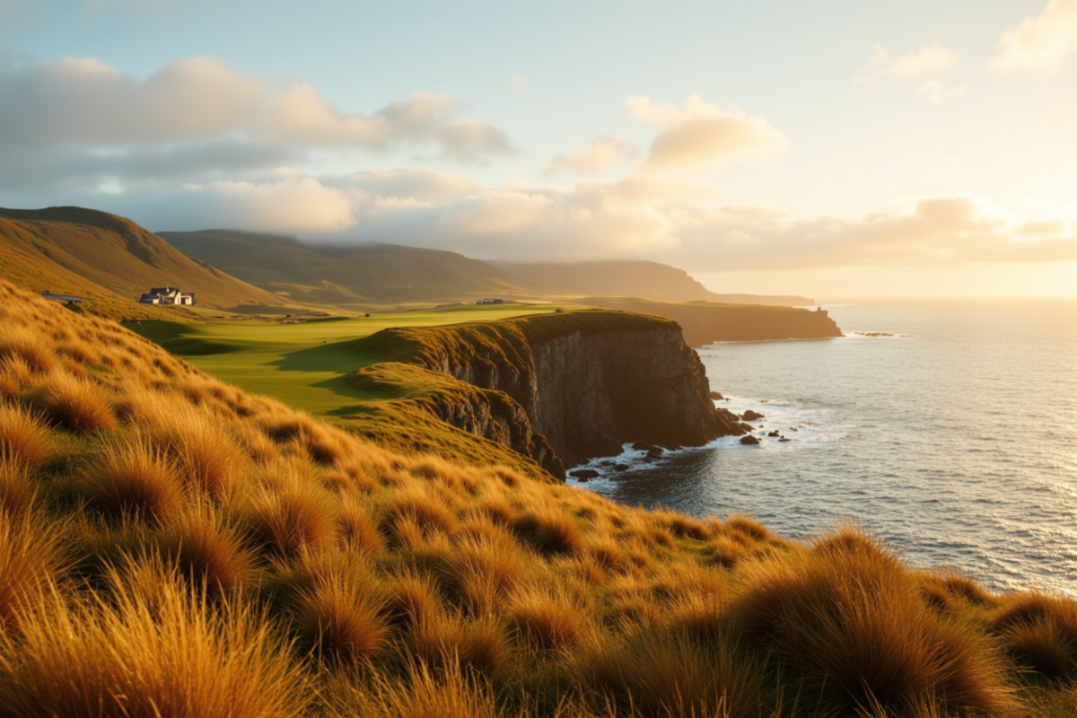 Golf Journeys with Atlas Group Travel: a dramatic maritime links course at first light along a rugged Atlantic coastline, an empty fairway curving toward the cliff edge, distant headland in atmospheric haze, and warm dawn light across the dunes.