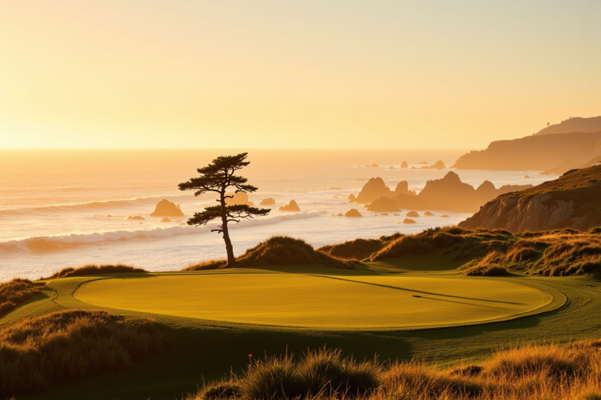 Pebble Beach and Monterey Peninsula journey with Atlas Group Travel: a cliffside fairway above the Pacific Ocean at golden hour with cypress trees on the headland, white wave-break on dark rocks, and warm sidelight across the green.