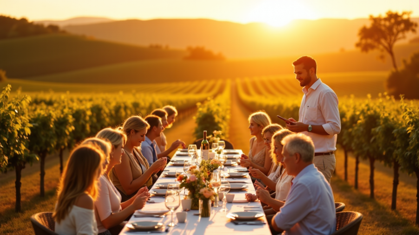 Italy food and wine tour with Atlas Group Travel: a hosted group tasting at a long table among the vines at golden hour.