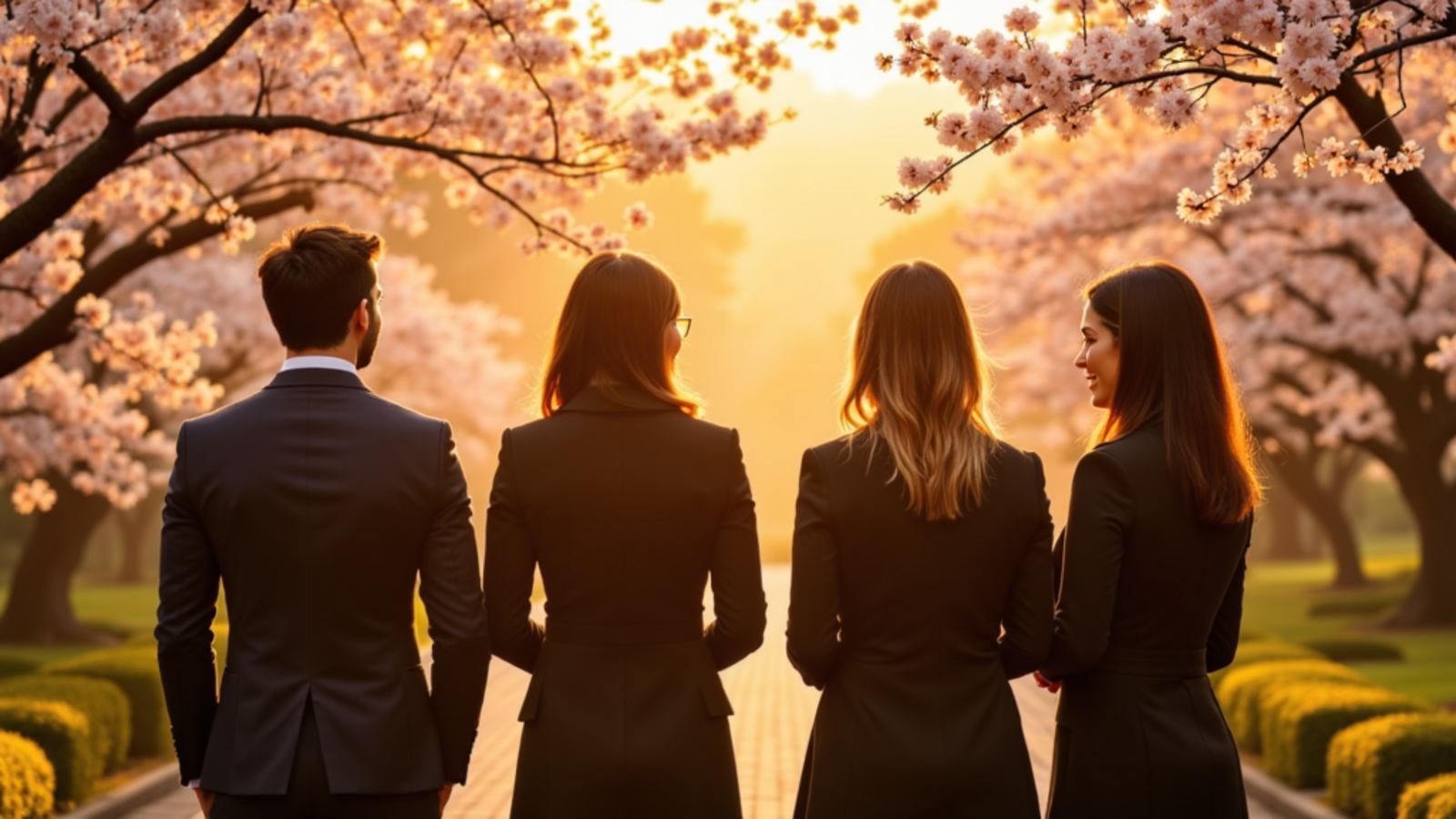 Japan cherry blossom tour with Atlas Group Travel: a group beneath blossoming cherry trees along a Kyoto canal at golden hour.