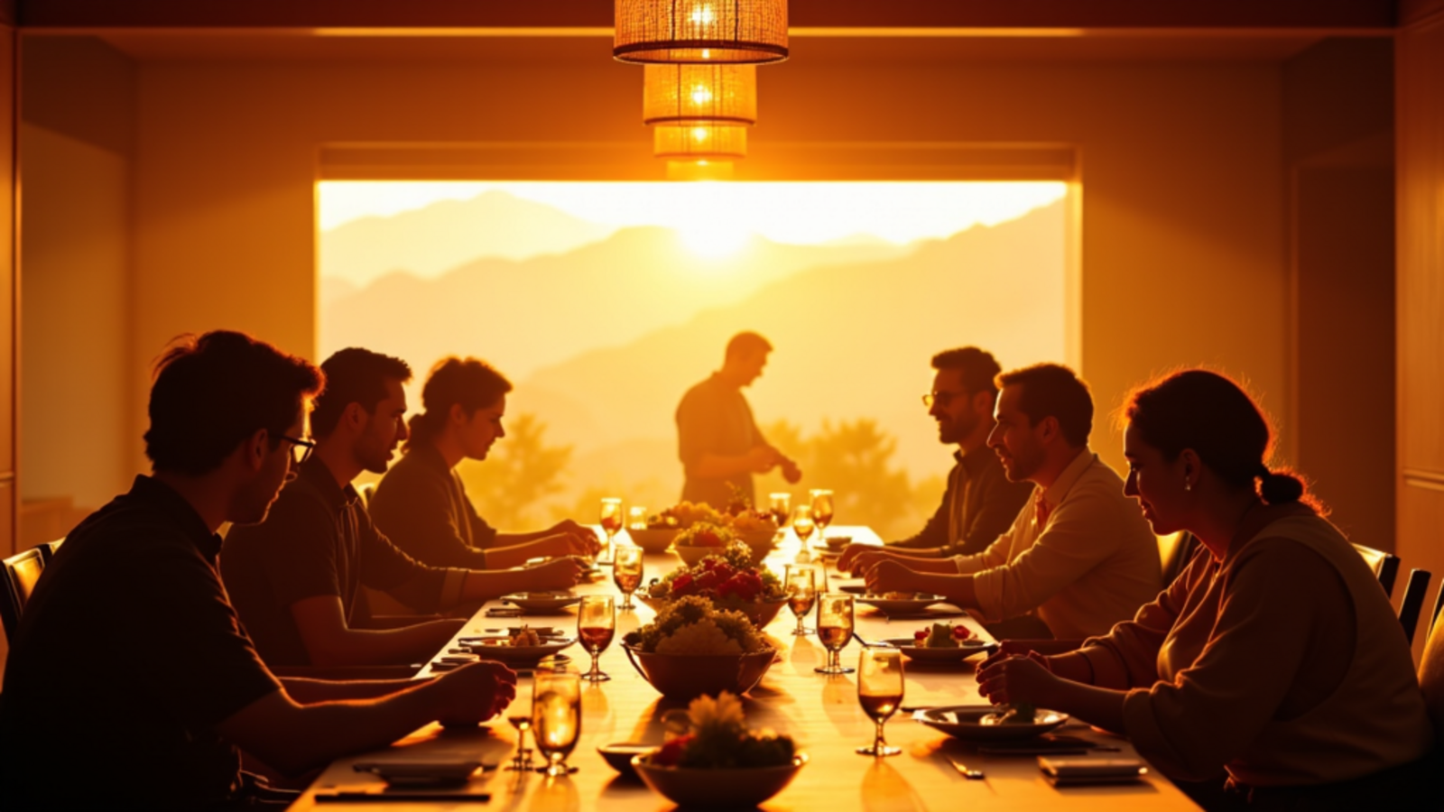 Japan food and culture tour with Atlas Group Travel: a group sharing a kaiseki meal while the chef presents a dish, warm interior at golden hour.