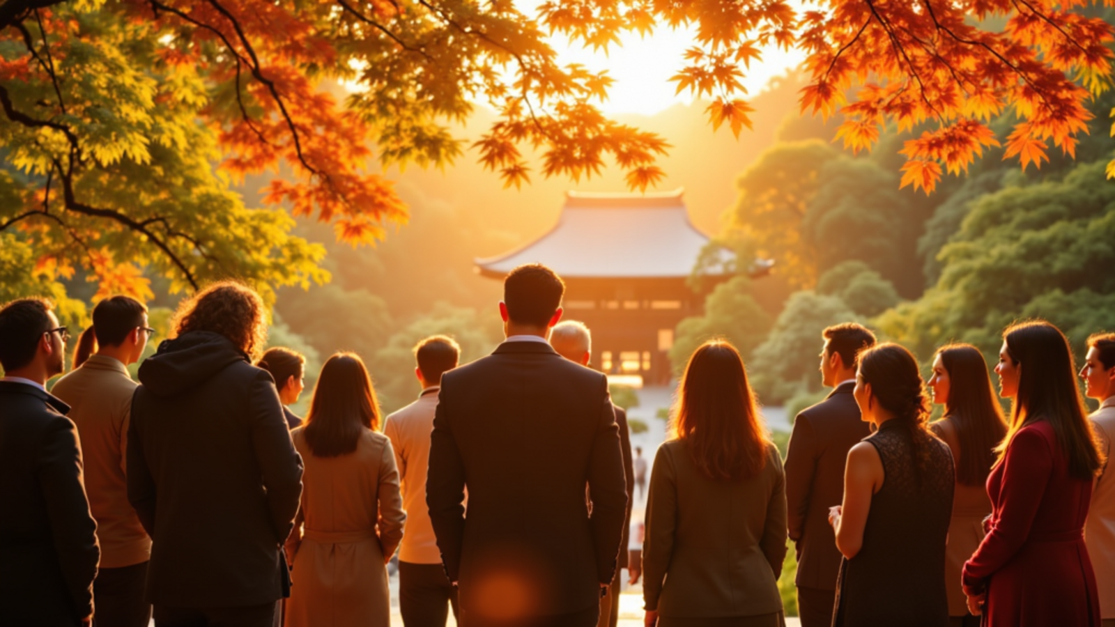 Japan small-group tour with Atlas Group Travel: a guide leading a group through a Kyoto temple approach with autumn maples at golden hour.