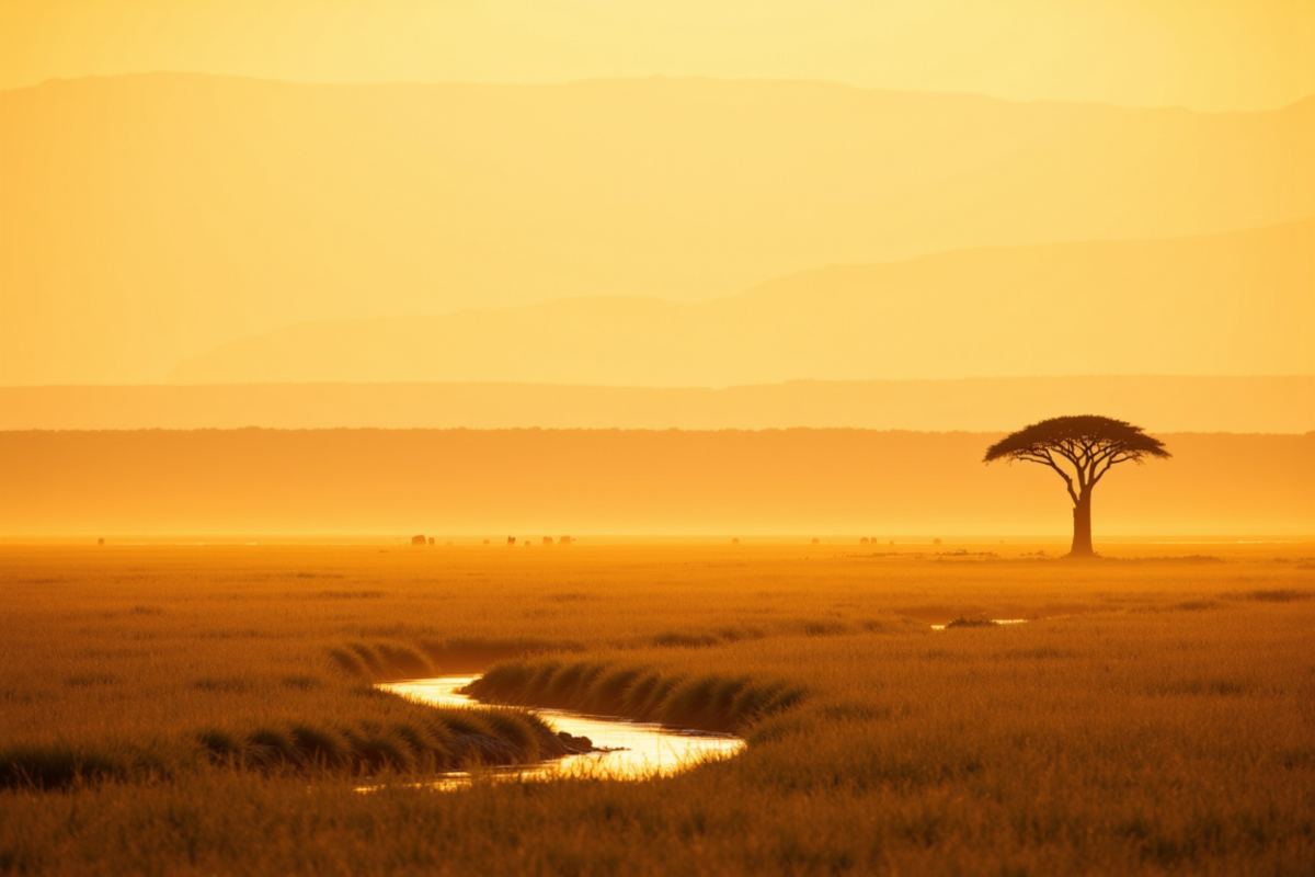 Luxury group Kruger and private reserves safari with Atlas Group Travel: the Sabi Sand lowveld at golden hour with a wide open savannah of golden grasses, iconic flat-topped marula and knob-thorn acacia trees silhouetted against a warm amber sky, and a single dramatic baobab on the right.