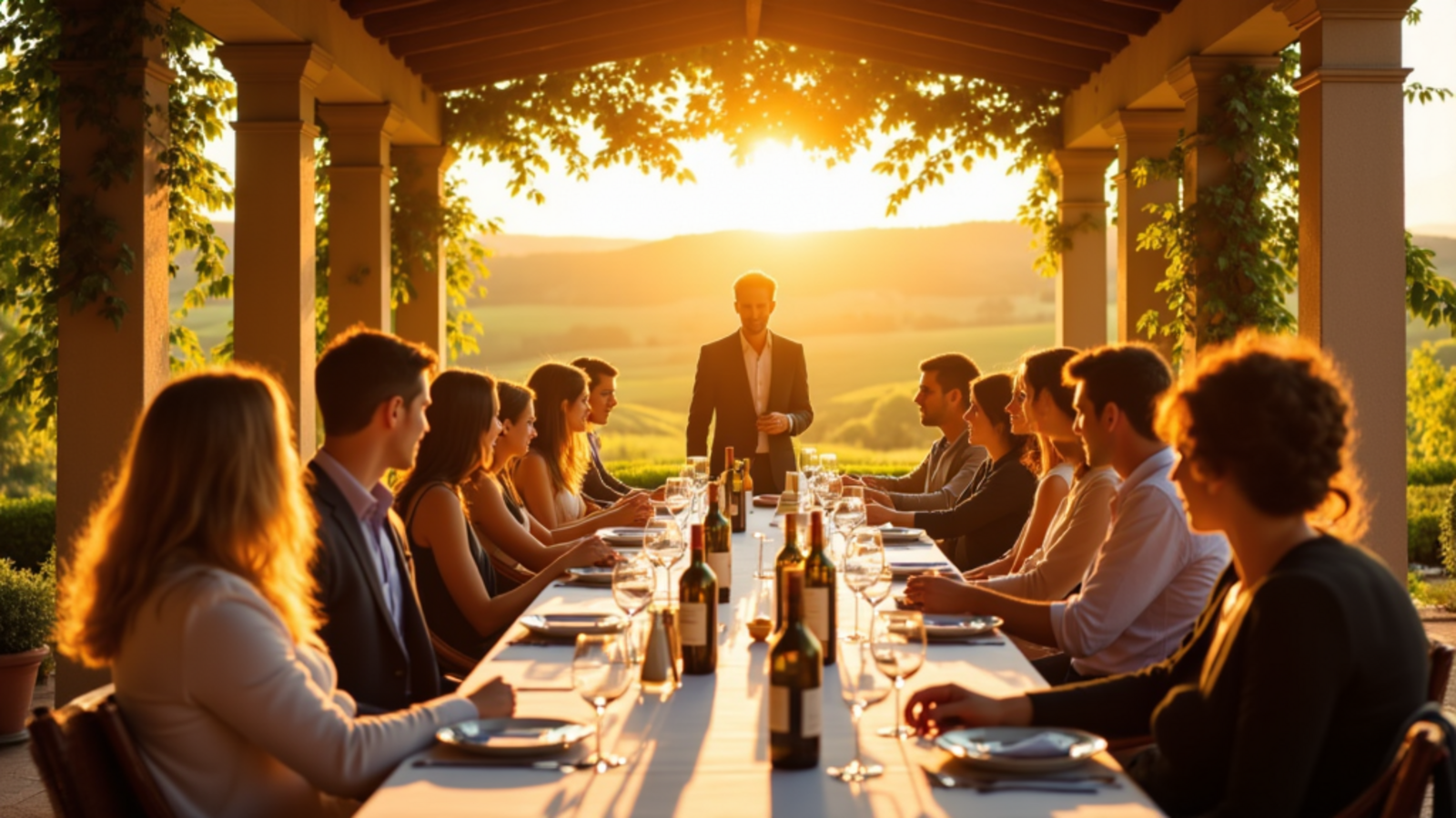 Tuscany food and wine tour with Atlas Group Travel: a group arriving at a Val d'Orcia vineyard estate along a cypress avenue at golden hour.