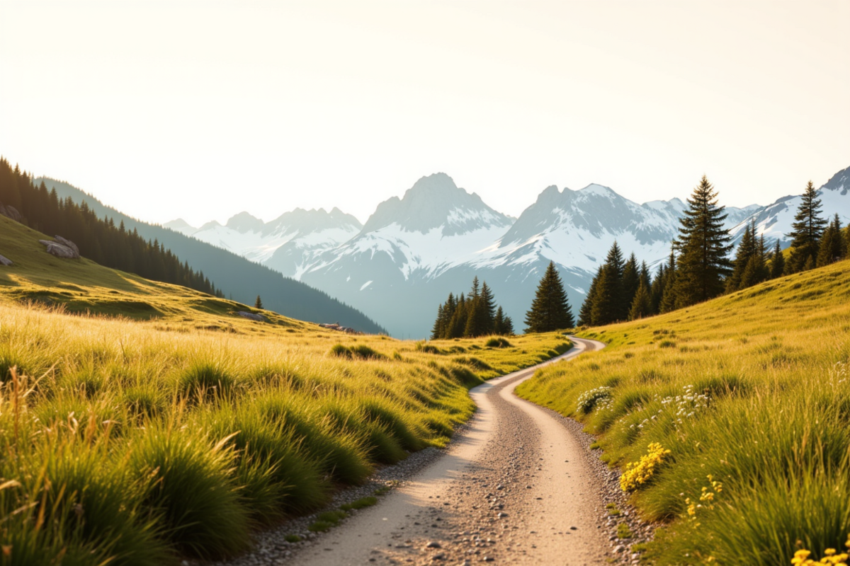 Swiss Alps slow luxury walking week with Atlas Group Travel: an alpine meadow path above an Engadine valley at first light, snowcapped peaks catching warm alpenglow, larch in autumn color, and atmospheric haze in the valley.