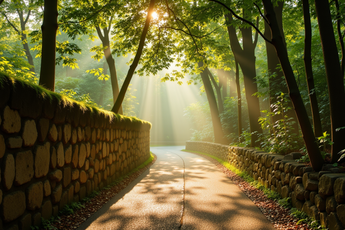 Camino de Santiago private luxury journey with Atlas Group Travel: a stone pilgrim path winding through a Galician oak forest at first light, soft mist between the trees, warm sidelight, and a moss-covered drystone wall along the route.