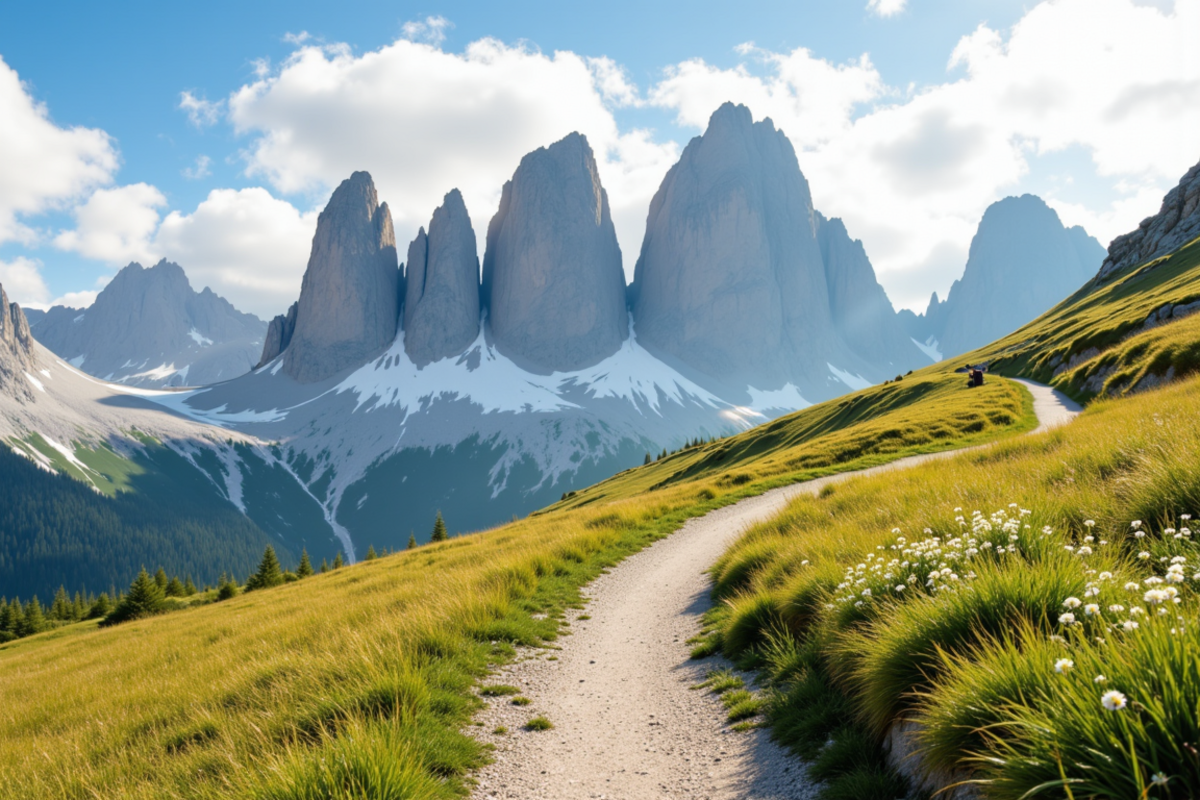 Walking Tours with Atlas Group Travel: a high alpine ridge trail in the Italian Dolomites at first light, a single empty path curving along the ridgeline toward distant limestone spires, warm dawn light on the rock, and atmospheric haze in the valley below.
