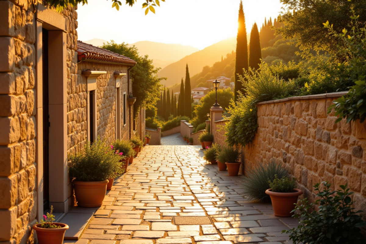Cinque Terre and Ligurian Coast walking journey with Atlas Group Travel: a Mediterranean stone pathway along a coastal cliffside at golden hour with terraced vineyards above the sea, distant pastel village rooftops, and warm sidelight on the dry stone.