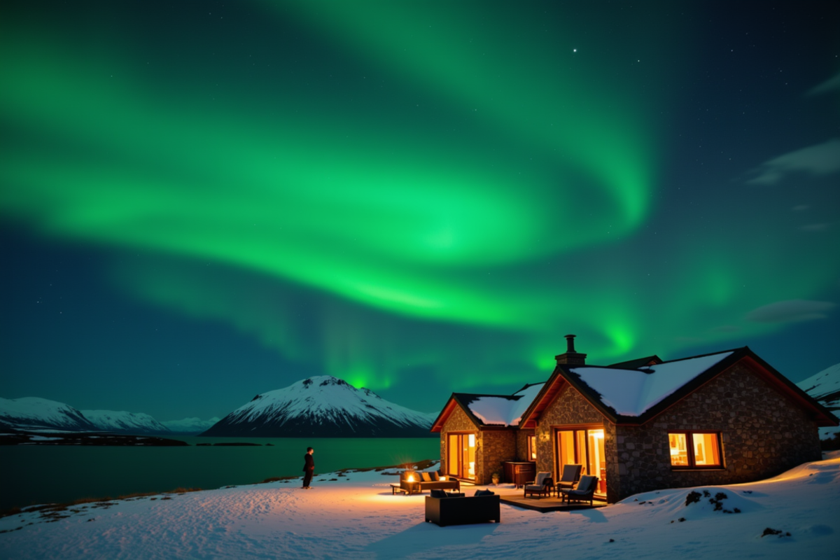 Iceland private Northern Lights journey with Atlas Group Travel: a remote stone-and-timber lodge in the Icelandic highlands at the polar dark hour, vivid aurora curtains overhead, a still mountain lake reflecting the green, warm interior light spilling through tall windows.