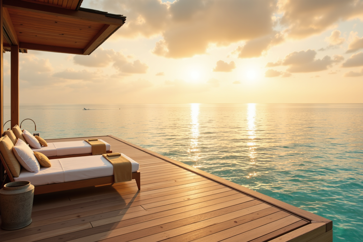 Maldives private island escape with Atlas Group Travel: an empty overwater villa deck above a still atoll at golden hour, warm sidelight on bleached teak and ivory linens, deep restrained turquoise lagoon, atmospheric calm.