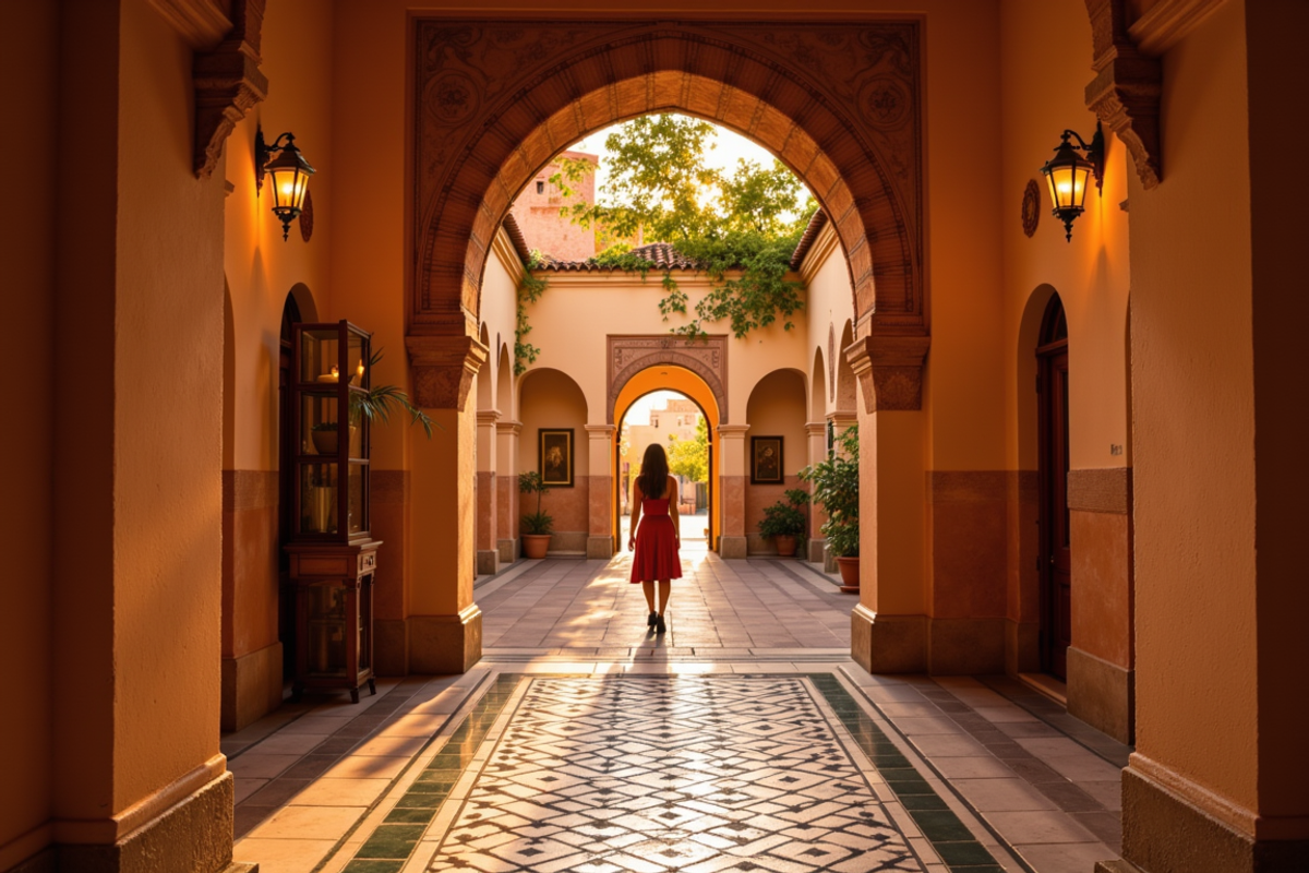 Morocco Atlas Mountains and Marrakech journey with Atlas Group Travel: a restored kasbah courtyard at dusk, hand-set zellige tile underfoot, weathered cedar doors and lanterns just lit, a single traveler walking through a Moorish arch toward a quiet garden.