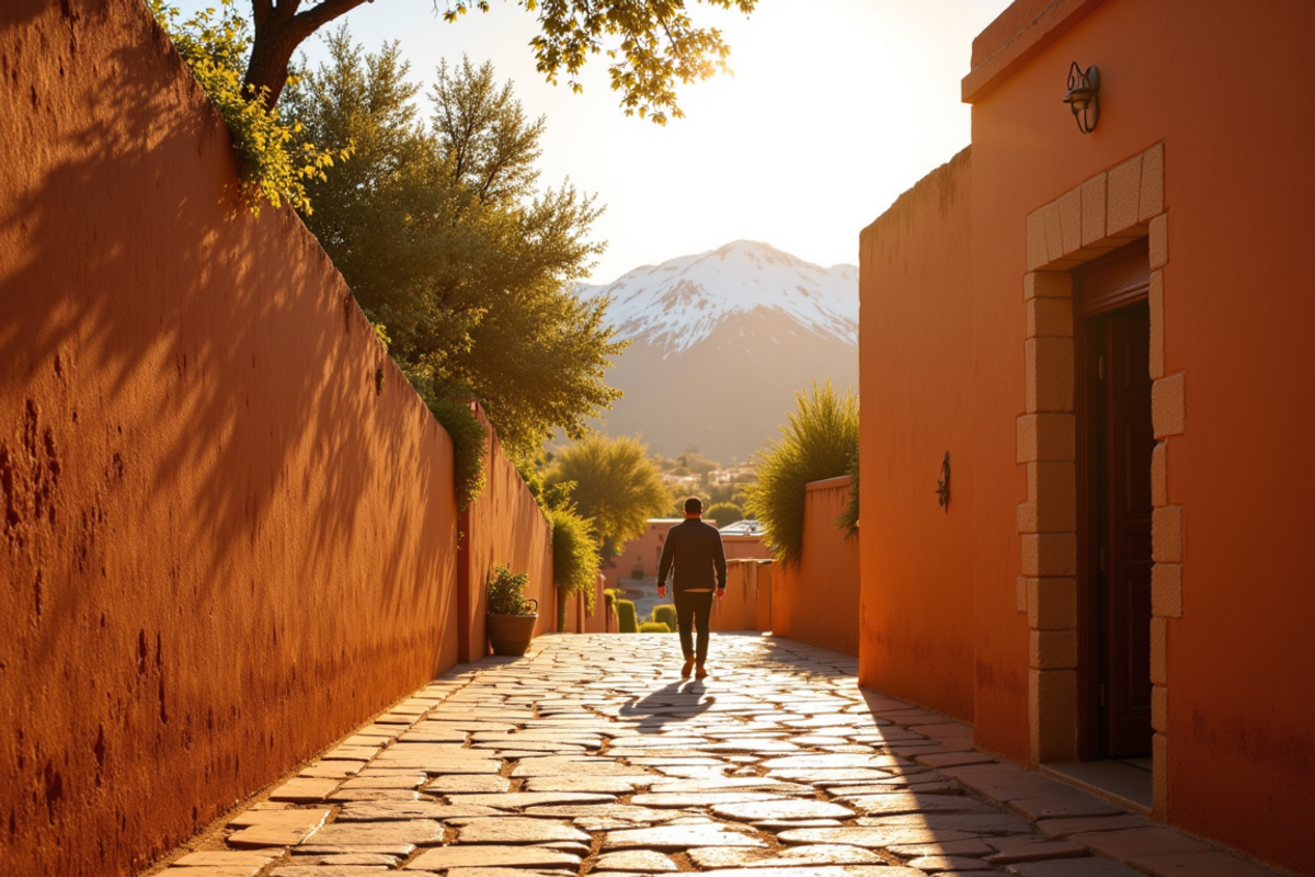 Atlas Mountains and Marrakech walking journey with Atlas Group Travel: a stone walking path descending through a Berber village in the High Atlas Mountains at golden hour, mud-brick walls in warm sidelight, olive tree along the route, snowcapped Atlas peaks in the distance, a single traveler at distance walking toward a doorway.