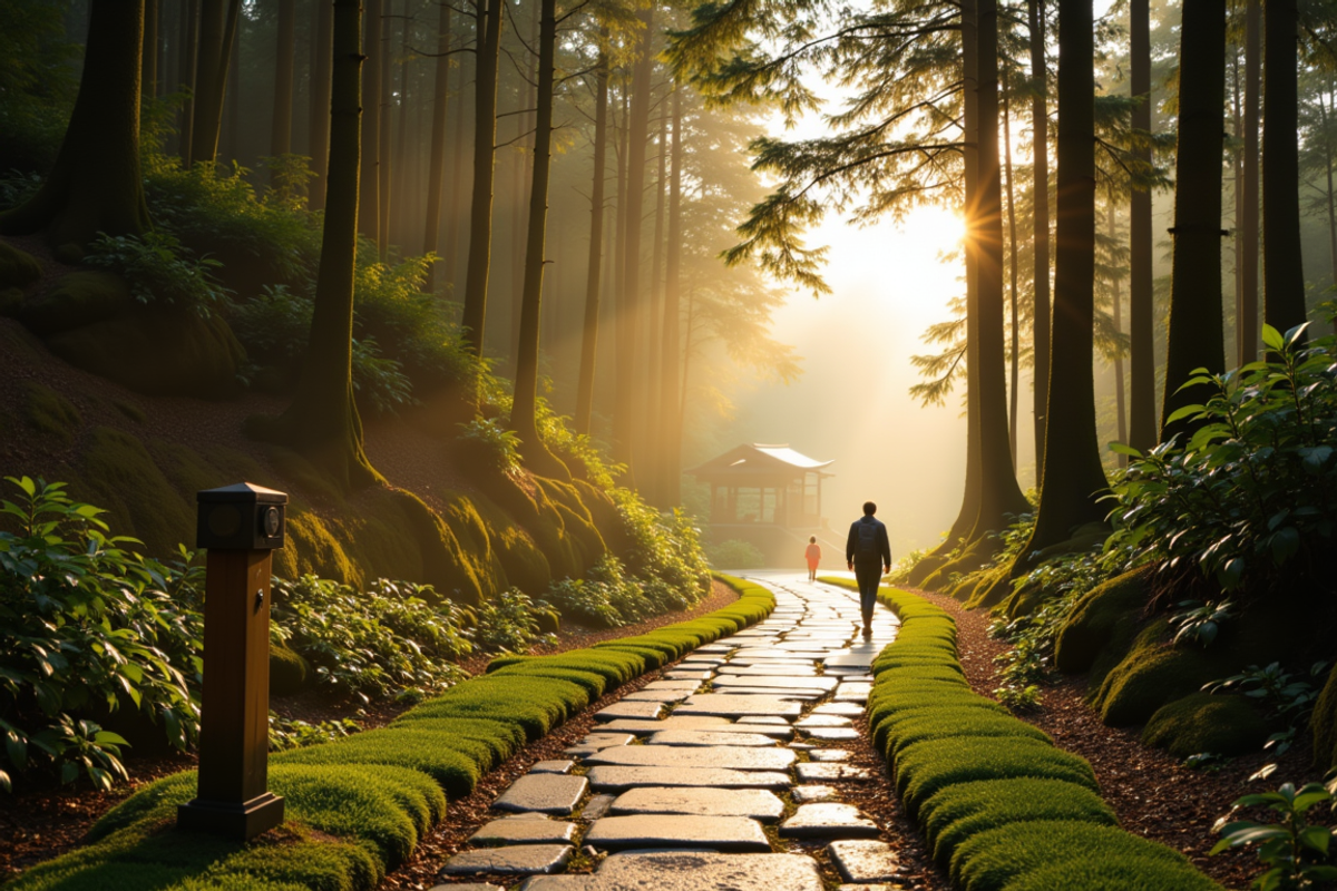 Nakasendo Trail and Kiso Valley walking journey with Atlas Group Travel: a moss-edged stone path through the historic Nakasendo trail at dawn, tall cedar forest on both sides, soft morning light filtering through the trees, a wooden post road marker, a traveler at distance walking toward a Japanese gable roof in the haze.