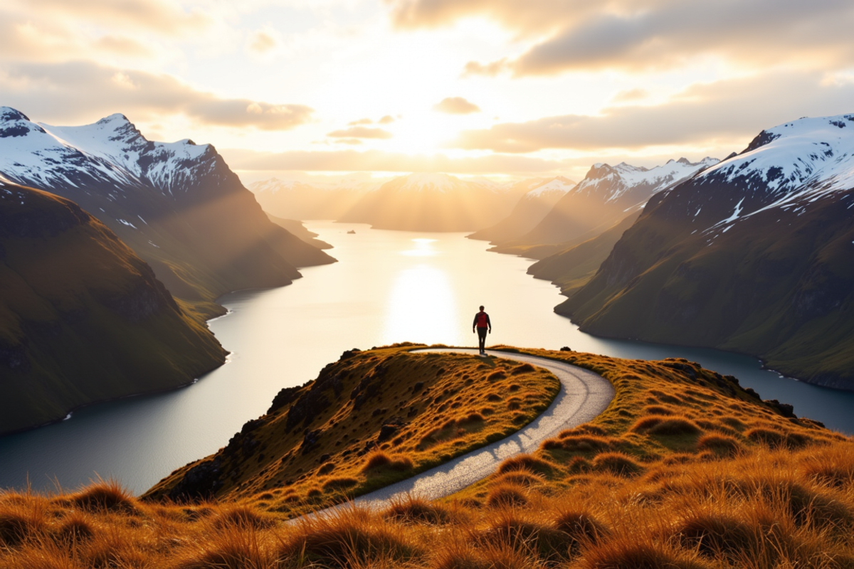 Norwegian Fjords walking journey with Atlas Group Travel: a coastal walking path high above the Sognefjord at golden hour, deep glassy water below, snowcapped peaks across the fjord catching warm sidelight, a single traveler walking the clifftop trail at scale.