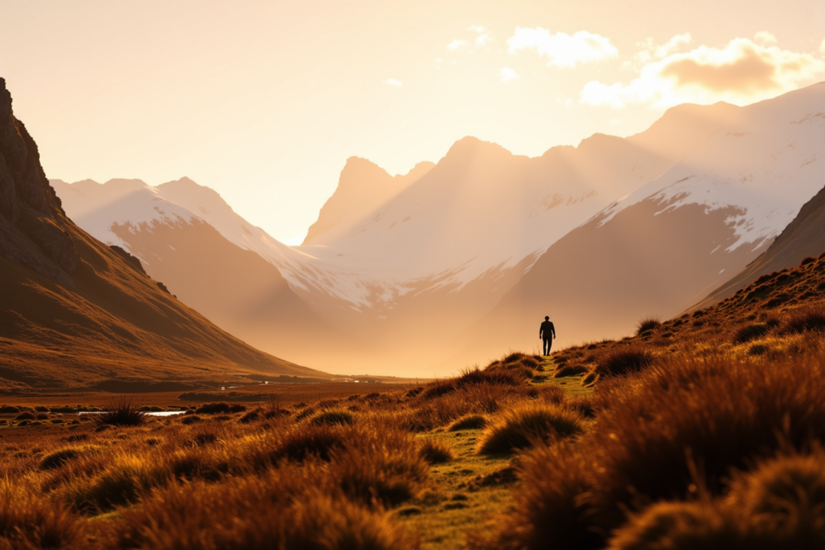 Scottish Highlands and West Coast Path walking journey with Atlas Group Travel: a vast highland valley at first light, snow-capped peaks all around catching warm alpenglow, atmospheric haze in the glen below, a single traveler at distance walking the trail.
