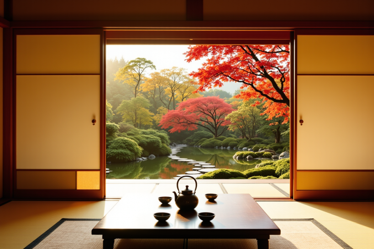 Japan culture and ryokan journey with Atlas Group Travel: an autumn garden at a traditional Japanese ryokan with raked gravel, weathered stone lanterns, maple in slow color, and soft late-afternoon light.