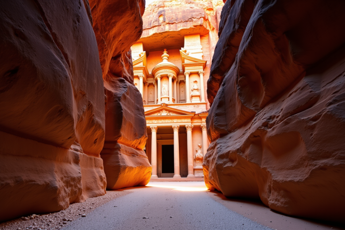 Desert camp in Jordan with Atlas Group Travel: the Treasury at Petra at first light with warm sandstone glow, empty siq, and quiet morning haze.