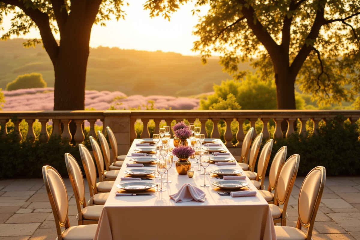 Luxury group milestone celebration with Atlas Group Travel: a private Provencal countryside estate terrace at golden hour set for a celebratory family dinner with one long stone table, ivory linen, brass candlesticks, and lavender stems in low ceramic vases, the rolling lavender fields stretching to a distant chateau roofline.