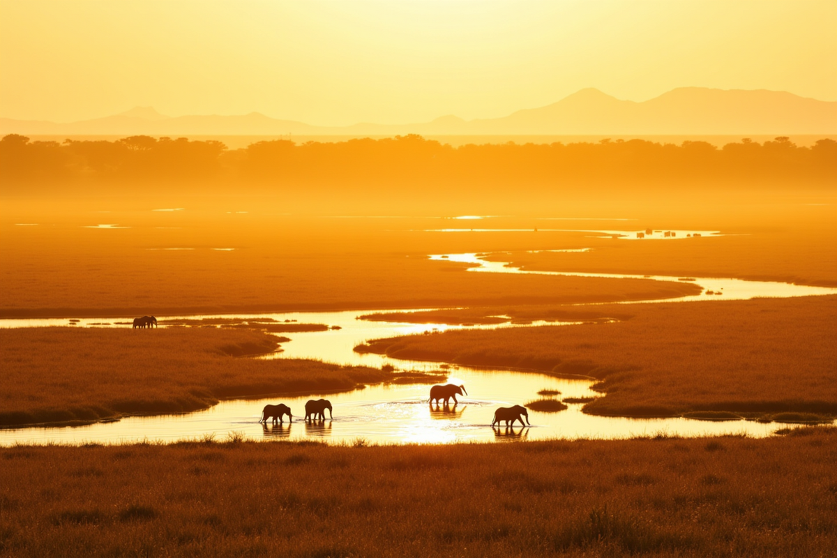 Luxury group journey to Africa with Atlas Group Travel: an aerial view of the Okavango Delta in Botswana at golden hour, with reflective channels of water snaking through golden grass islands and a small herd of elephants wading in the middle distance.