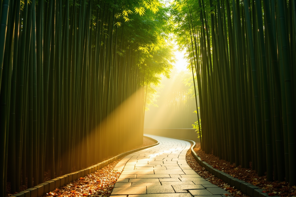 Luxury group journey to Asia with Atlas Group Travel: a curved stone pathway through a Kyoto bamboo grove at dawn, with soft morning light filtering through tall vertical bamboo and atmospheric haze diffusing into the misty distance.