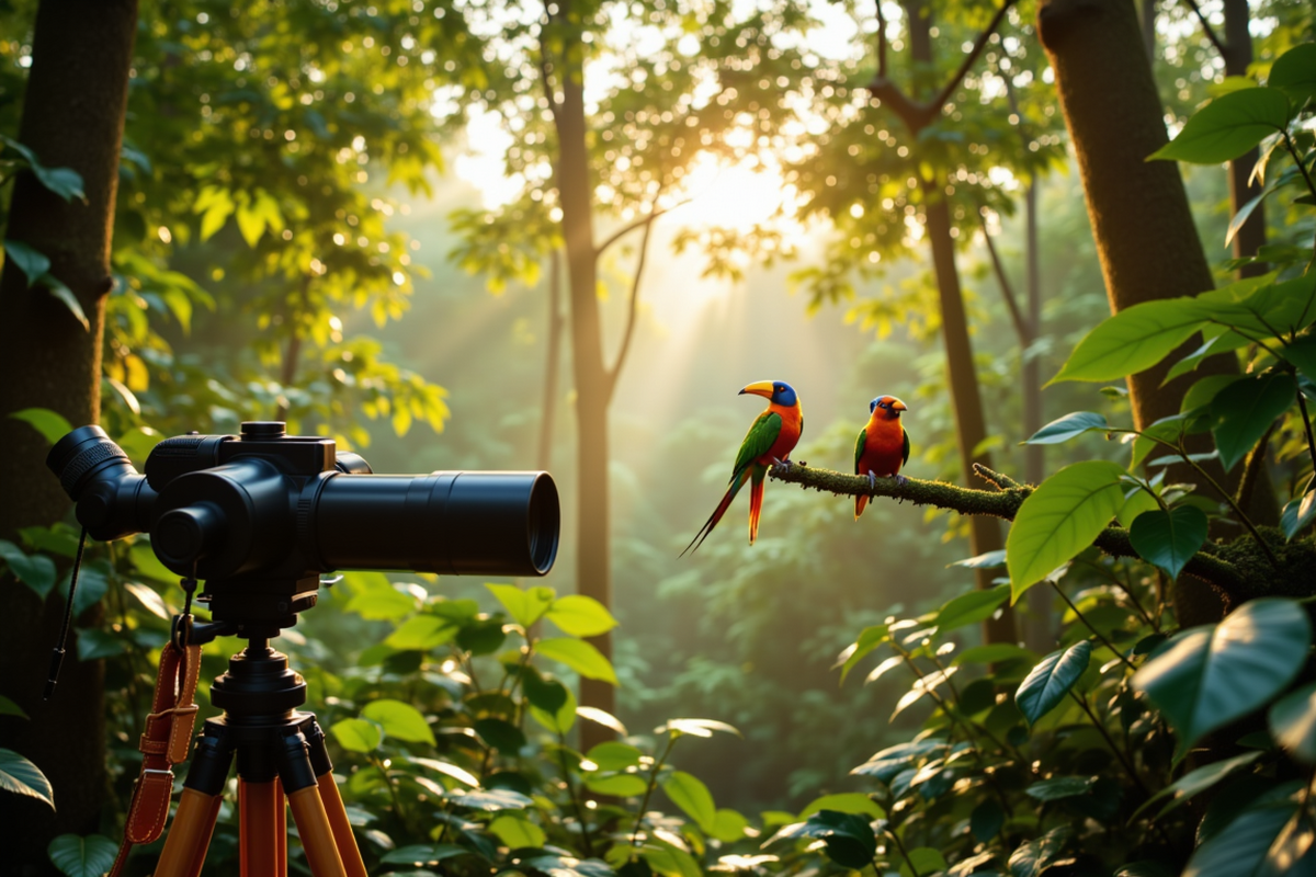 Luxury group birding expedition with Atlas Group Travel: a tropical rainforest canopy at dawn with a spotting scope on a wooden tripod and brightly colored tropical birds on a mossy branch in dappled morning light.