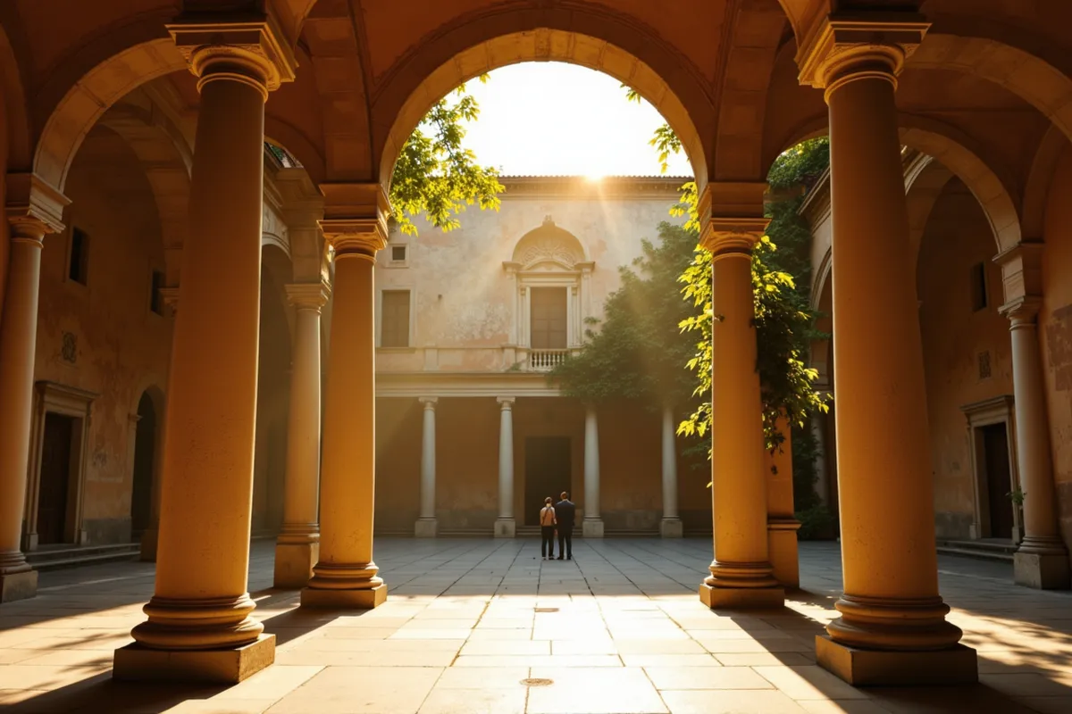 Atlas Journal masthead: the interior courtyard of an ancient Italian palazzo at late afternoon with weathered stone columns, faded frescoes, and a single shaft of warm golden light, evoking the contemplative atmosphere of field dispatches.