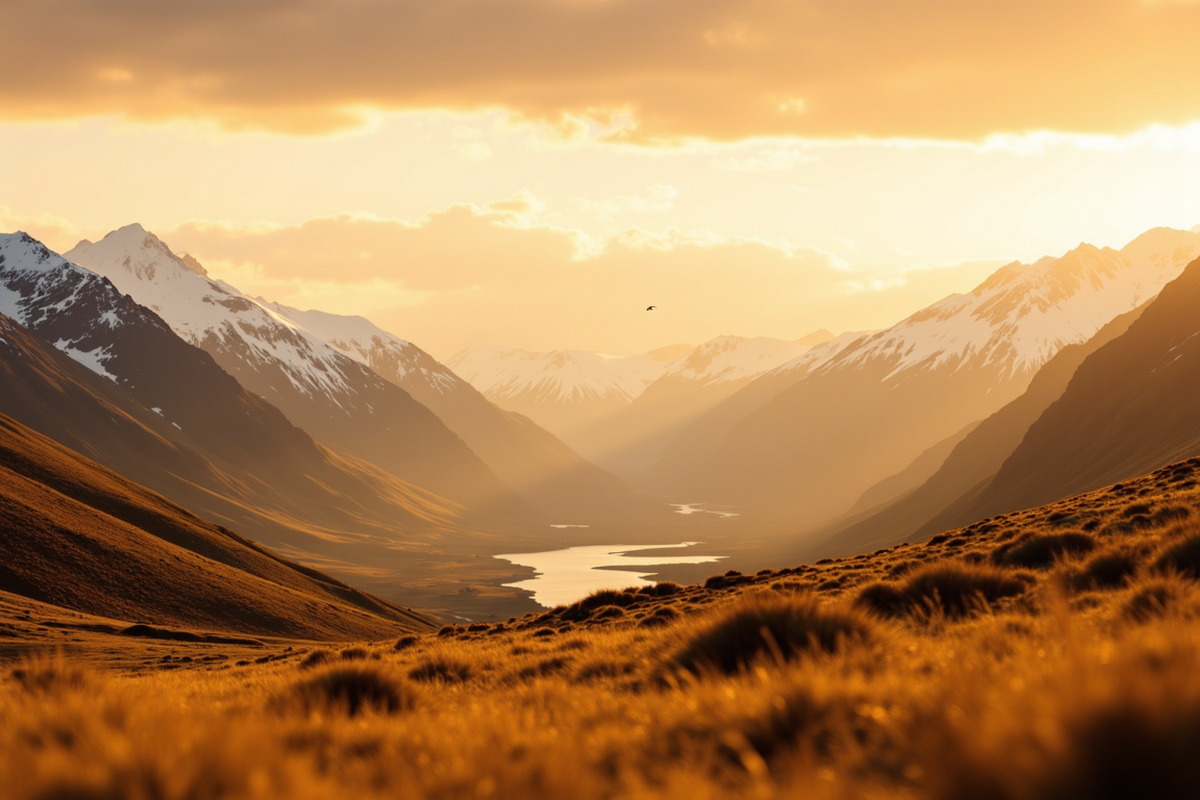 Luxury group custom journey with Atlas Group Travel: a vast unspoiled Andean mountain valley at sunrise with golden alpenglow on snow-capped peaks, glacial valley, and a soaring condor against the warm sky.