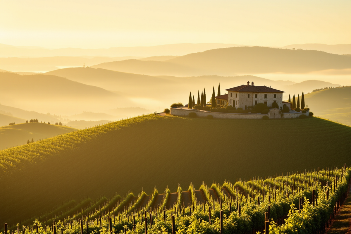 Luxury group journey to Europe with Atlas Group Travel: the Tuscan countryside at first light, with rolling vineyards, a single stone farmhouse framed by cypress trees, and warm sidelight raking across the symmetrical rows.