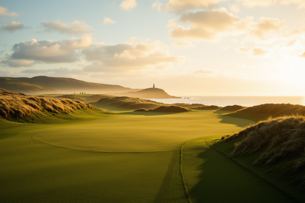 Luxury group golf journey with Atlas Group Travel: a links-style golf course at first light along the rugged Scottish coastline with empty fairway curving toward the sea, distant lighthouse, and dramatic warm sky.