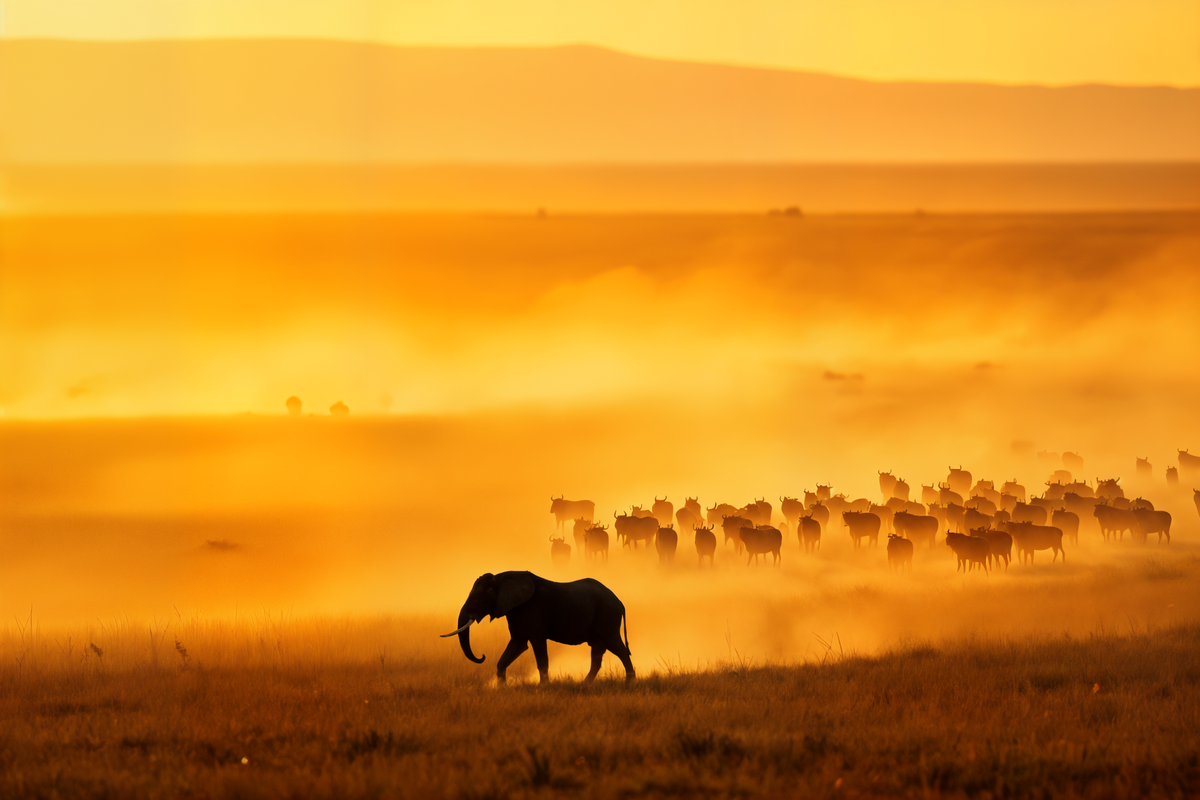 Luxury group East African Mega Safari with Atlas Group Travel: a single bull elephant walks across the Maasai Mara at golden hour in deep silhouette while a vast herd of wildebeest crosses behind in the warm dust haze, with acacia trees on the distant horizon.