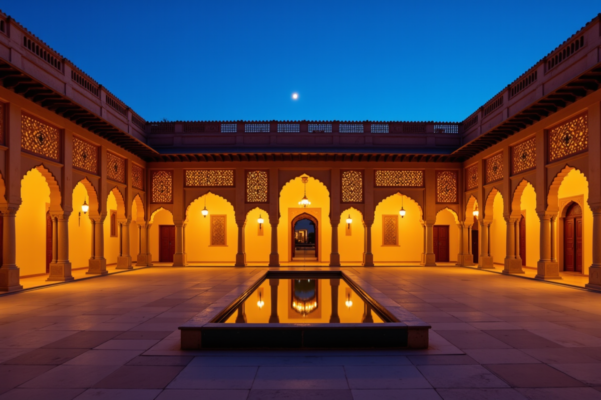 Luxury group journey to the Middle East and India with Atlas Group Travel: a Rajasthani palace courtyard at blue hour with intricate sandstone fretwork, warm interior light through jali screens, and a still rectangular reflecting pool.