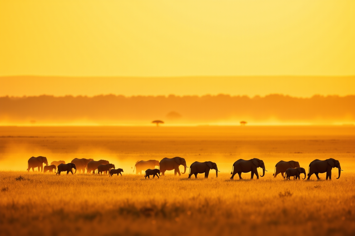 Luxury group safari with Atlas Group Travel: a herd of elephants with adults and calves crossing the East African Maasai Mara savannah at golden hour, framed by acacia silhouettes and warm dust haze.