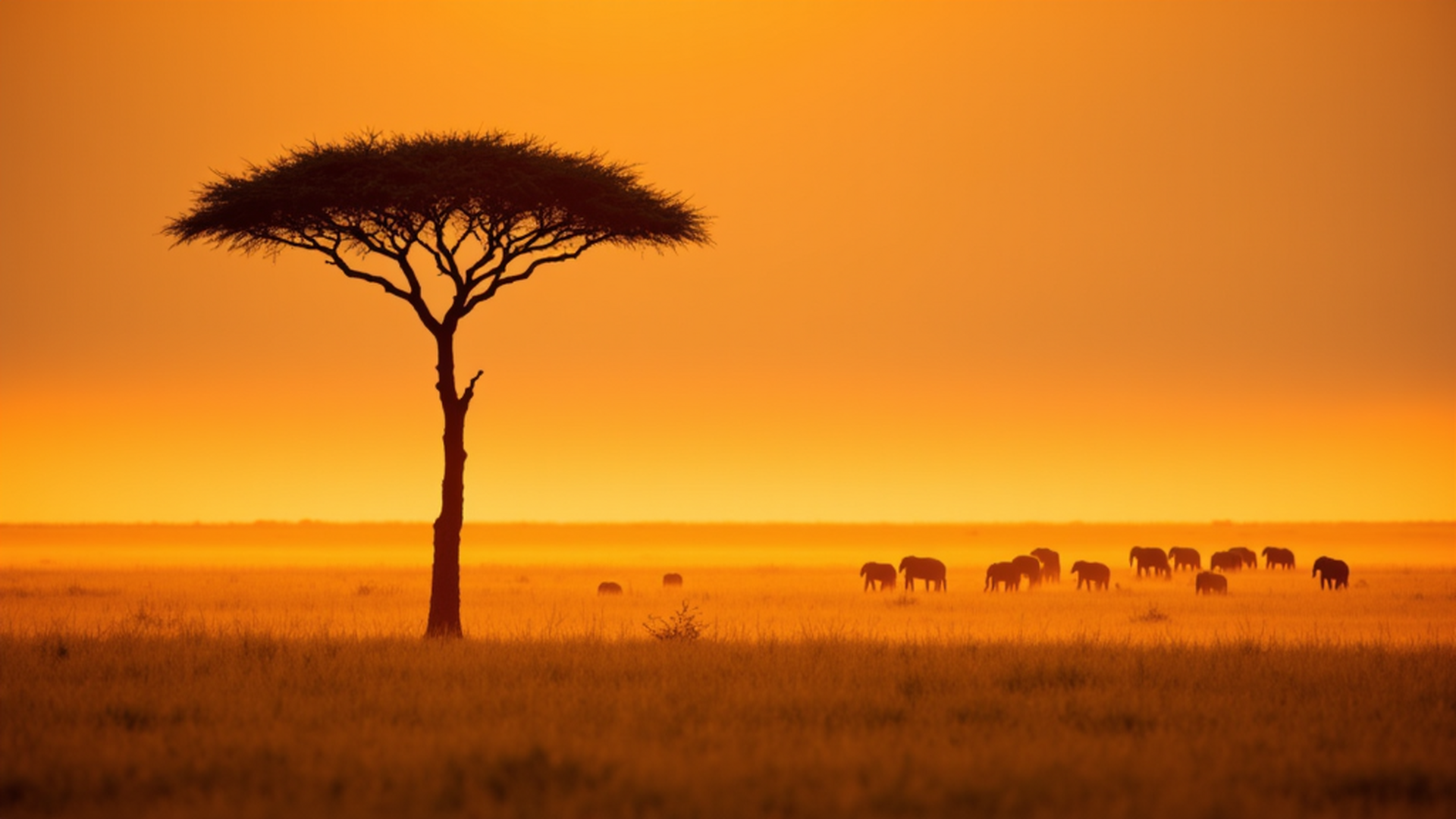 Atlas Group Travel luxury group safari: a single iconic acacia tree silhouetted against a golden African sky at sunset, with a herd of elephants in the distance on the East African savannah.
