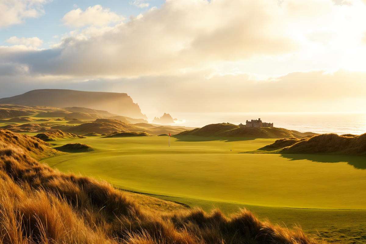 Luxury group Scotland golf and castles journey with Atlas Group Travel: a dramatic links-style golf course at first light along the rugged Scottish coastline with an empty fairway curving through the dunes, a stone castle ruin on the distant headland, and warm dawn light through atmospheric mist.