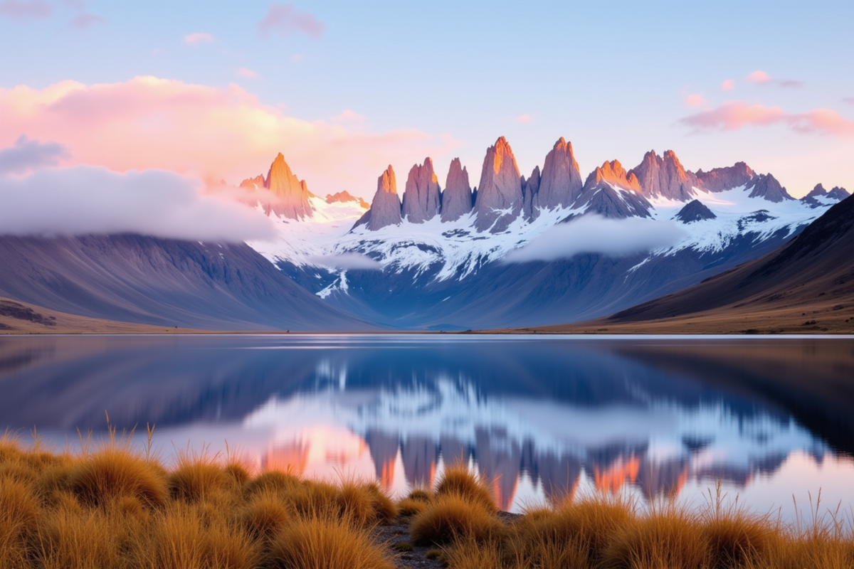 Luxury group journey to the Americas with Atlas Group Travel: a vast Patagonian alpine lake at first light with the granite spires of Torres del Paine reflected, snow-capped peaks catching warm pink alpenglow, and golden tussock grass in the foreground.