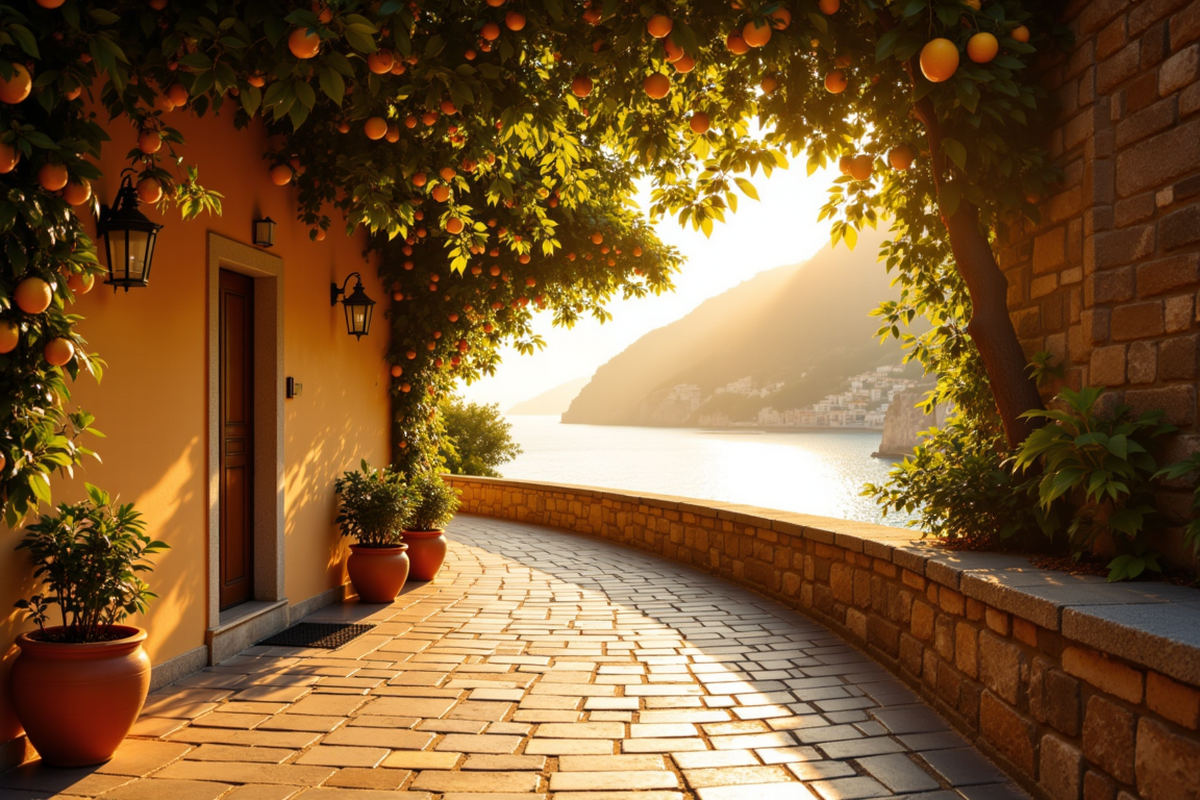 Luxury group walking tour with Atlas Group Travel: an empty stone pathway along the Amalfi Coast at golden hour with cascading bougainvillea, lemon trees, terracotta pots, and the Mediterranean visible far below.