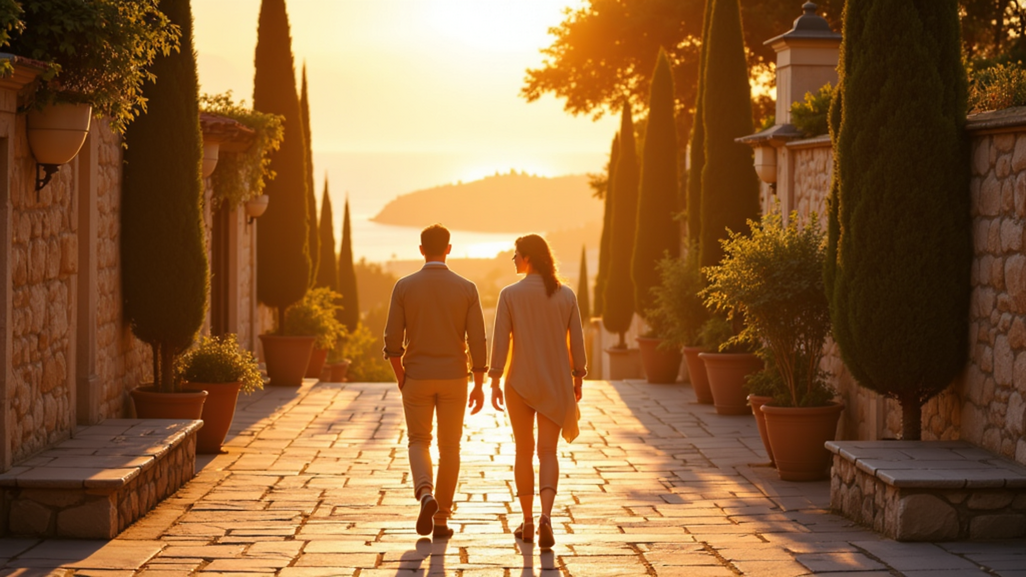 Atlas Group Travel singles editorial: two adult travellers in their mid-fifties walking side by side along an Italian Mediterranean coastal stone pathway at golden hour, viewed from behind, gentle conversation suggested by posture leaning slightly toward each other, long warm shadows across worn stone, the Mediterranean glittering in the soft middle distance below.